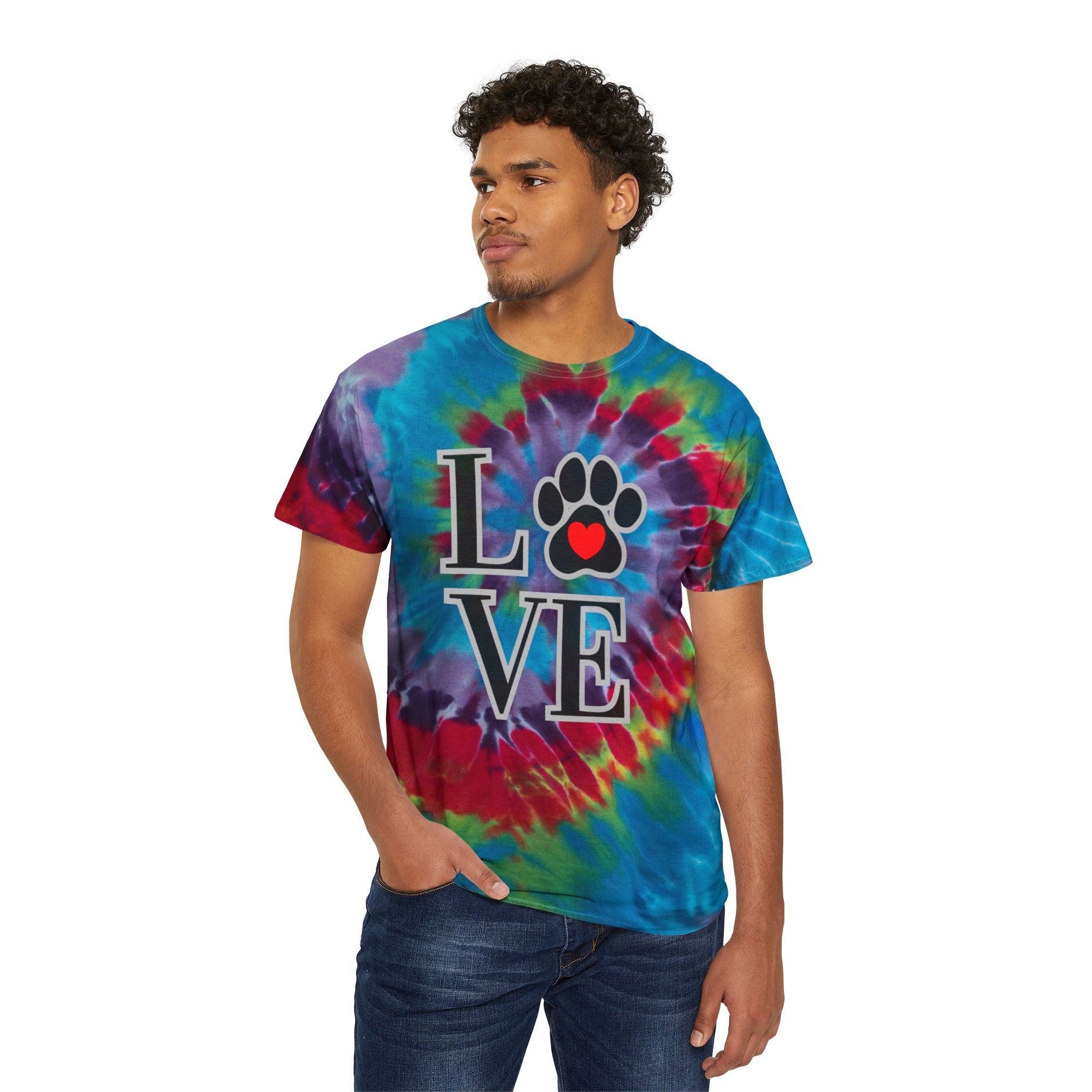 Tie-Dye Pet Love T-Shirt — Pastel Spiral Paw Heart Design