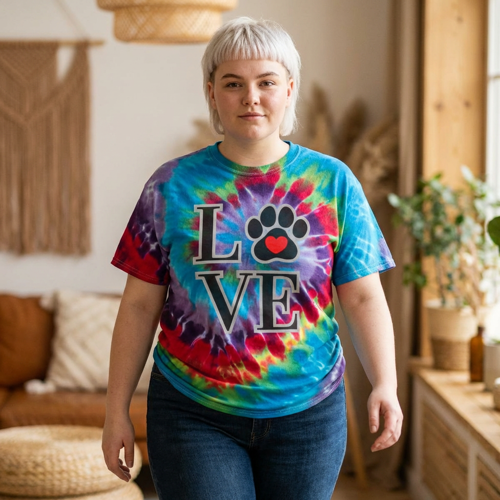 Tie-Dye Pet Love T-Shirt — Pastel Spiral Paw Heart Design