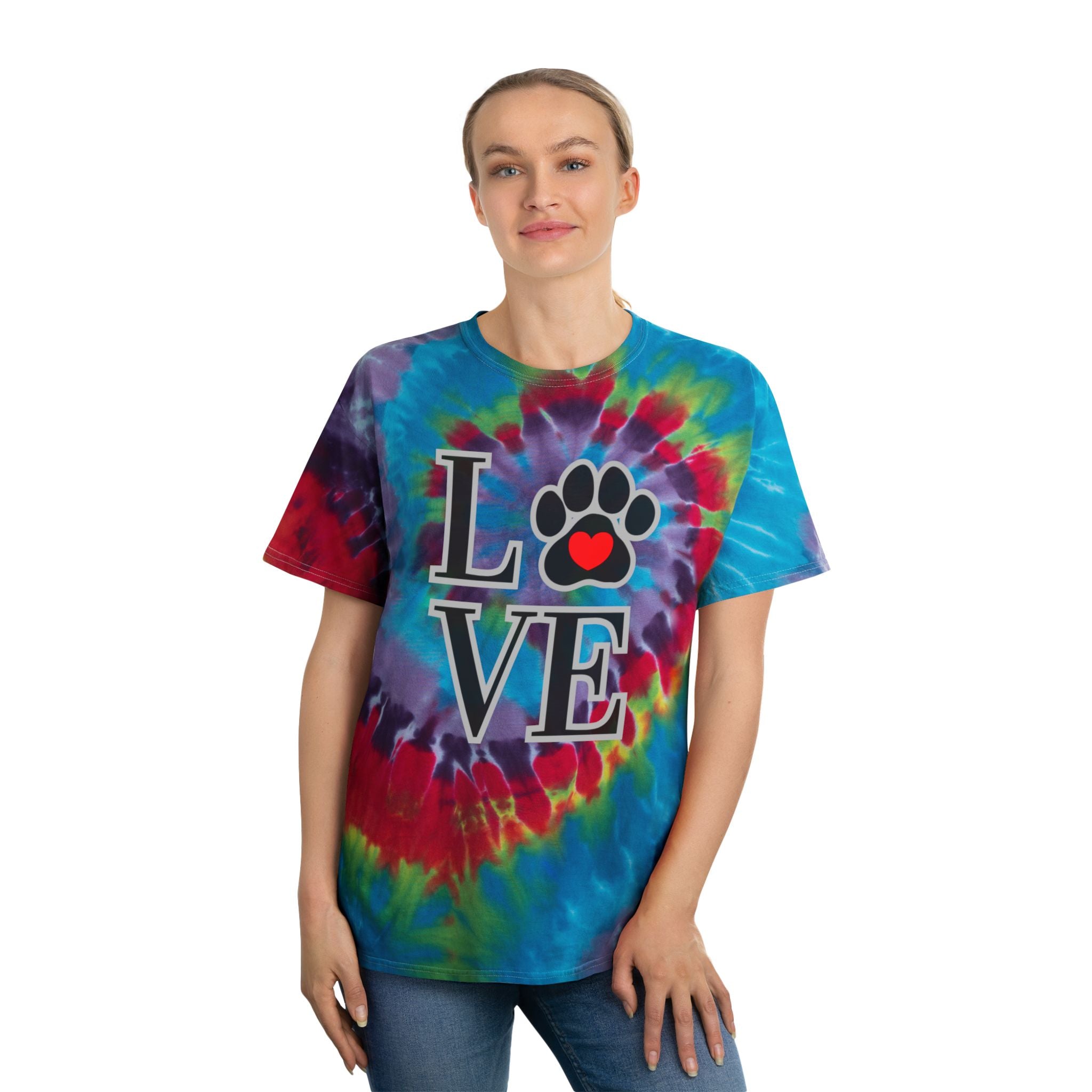 Tie-Dye Pet Love T-Shirt — Pastel Spiral Paw Heart Design