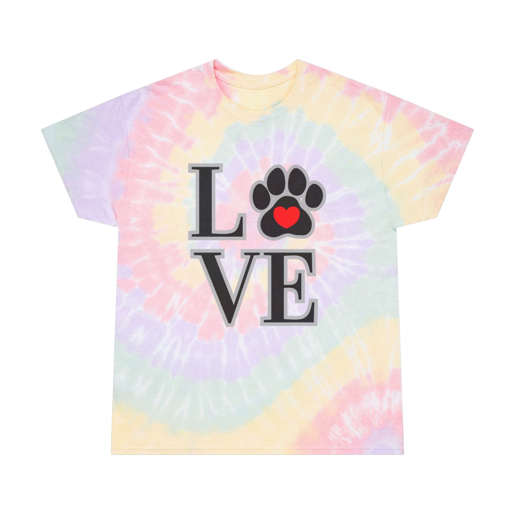 Tie-Dye Pet Love T-Shirt — Pastel Spiral Paw Heart Design